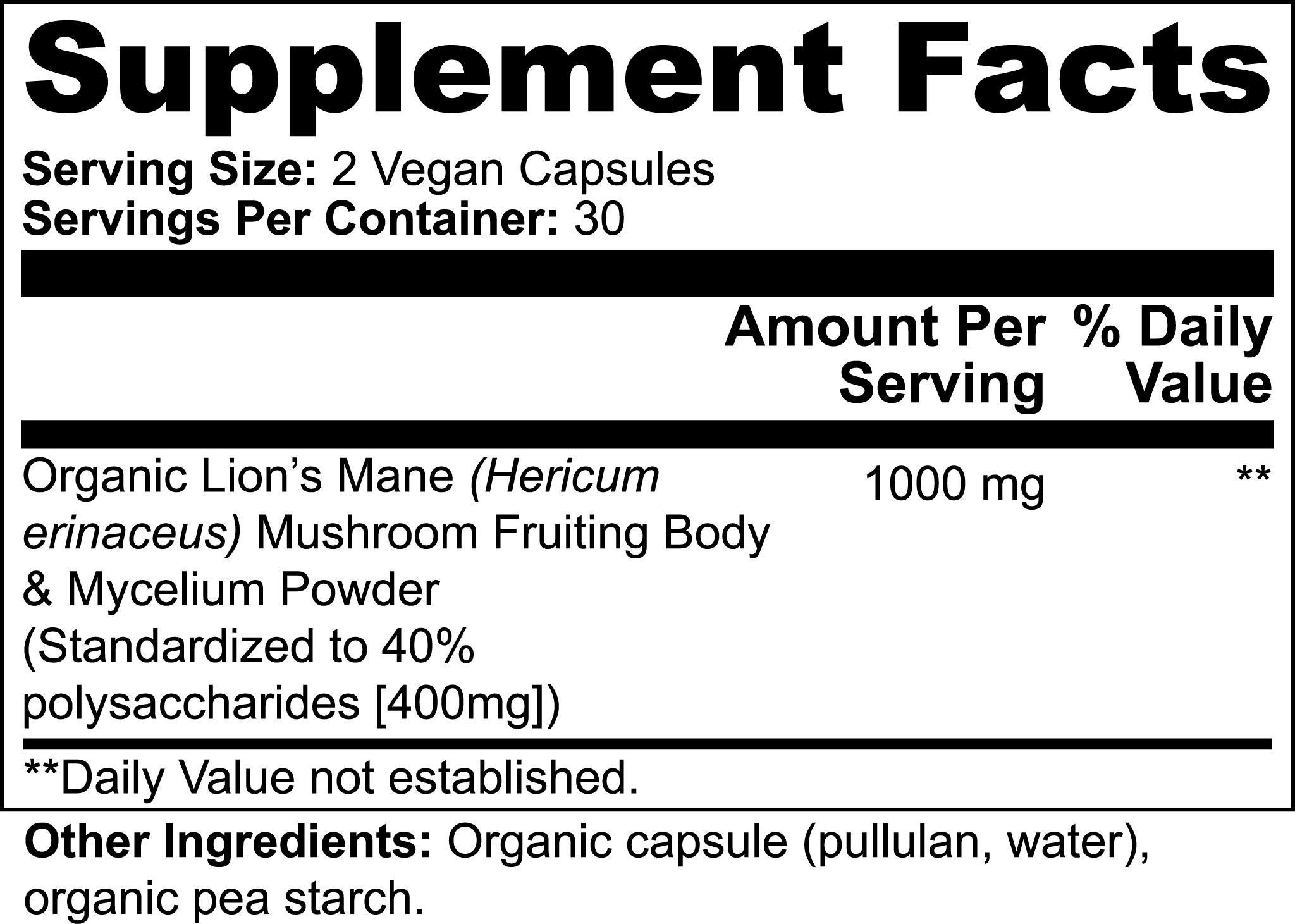 Daily Shroom Lion's Mane Mushroom Supplement - Vegan Brain Health & Energy Booster, Nootropic Cognitive Support, Memory, and Focus Enhancement - 60 Capsules