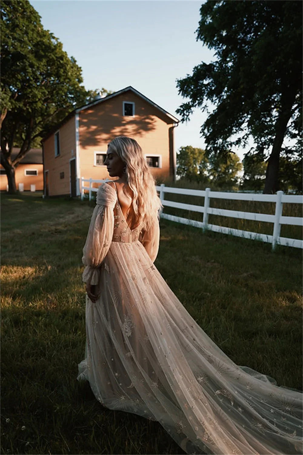 2025 Boho Constellation Pattern Lace Prom Dress with Puffy Sleeves Elegant Graduation Ball Gown - Maxi Dress