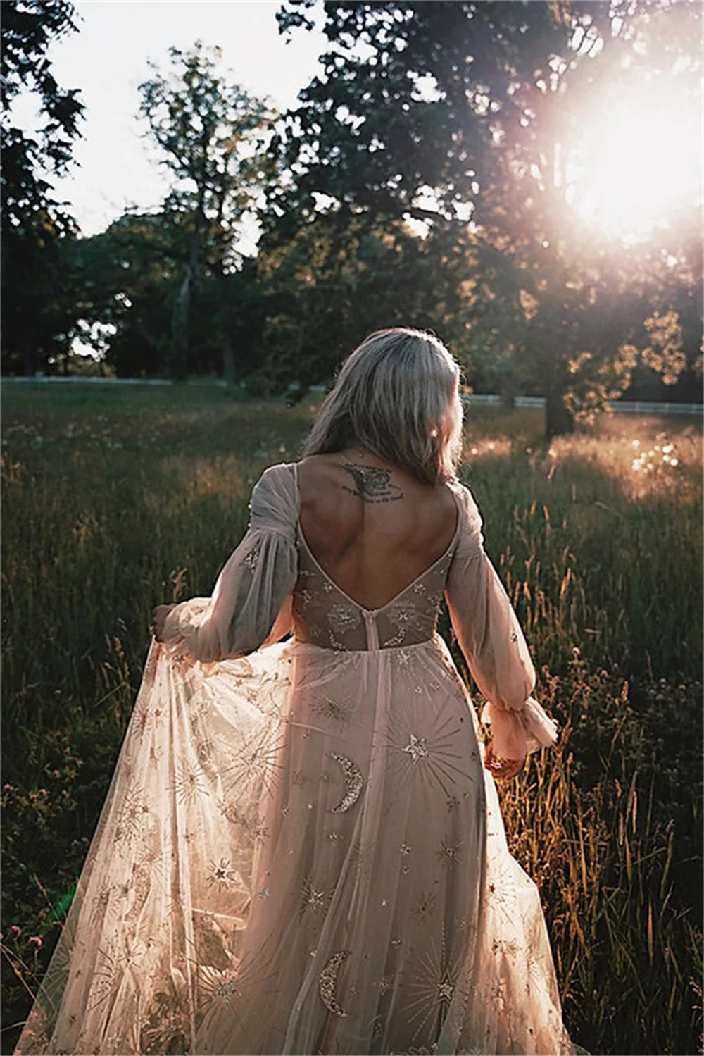 2025 Boho Constellation Pattern Lace Prom Dress with Puffy Sleeves Elegant Graduation Ball Gown - Maxi Dress