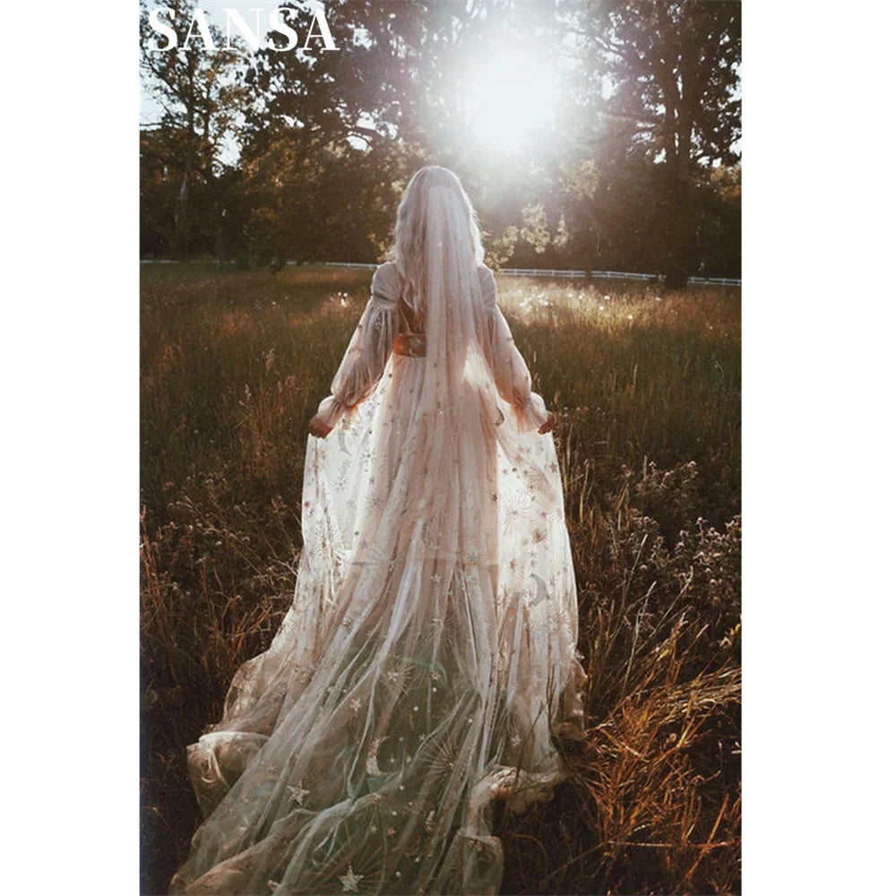 2025 Boho Constellation Pattern Lace Prom Dress with Puffy Sleeves Elegant Graduation Ball Gown - custom color / 20W