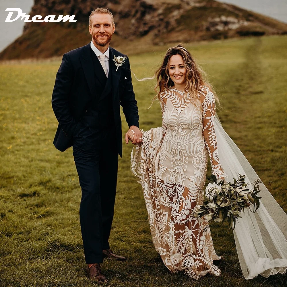 2025 Boho Lace Mermaid Wedding Dress with Long Sleeves Elegant Illusion Bridal Gown for Elopement or Beach Weddings