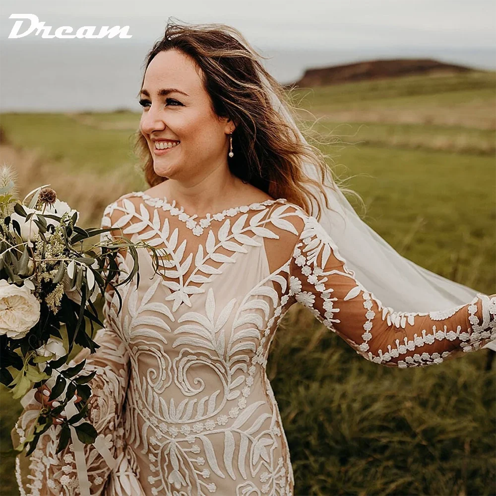 2025 Boho Lace Mermaid Wedding Dress with Long Sleeves Elegant Illusion Bridal Gown for Elopement or Beach Weddings