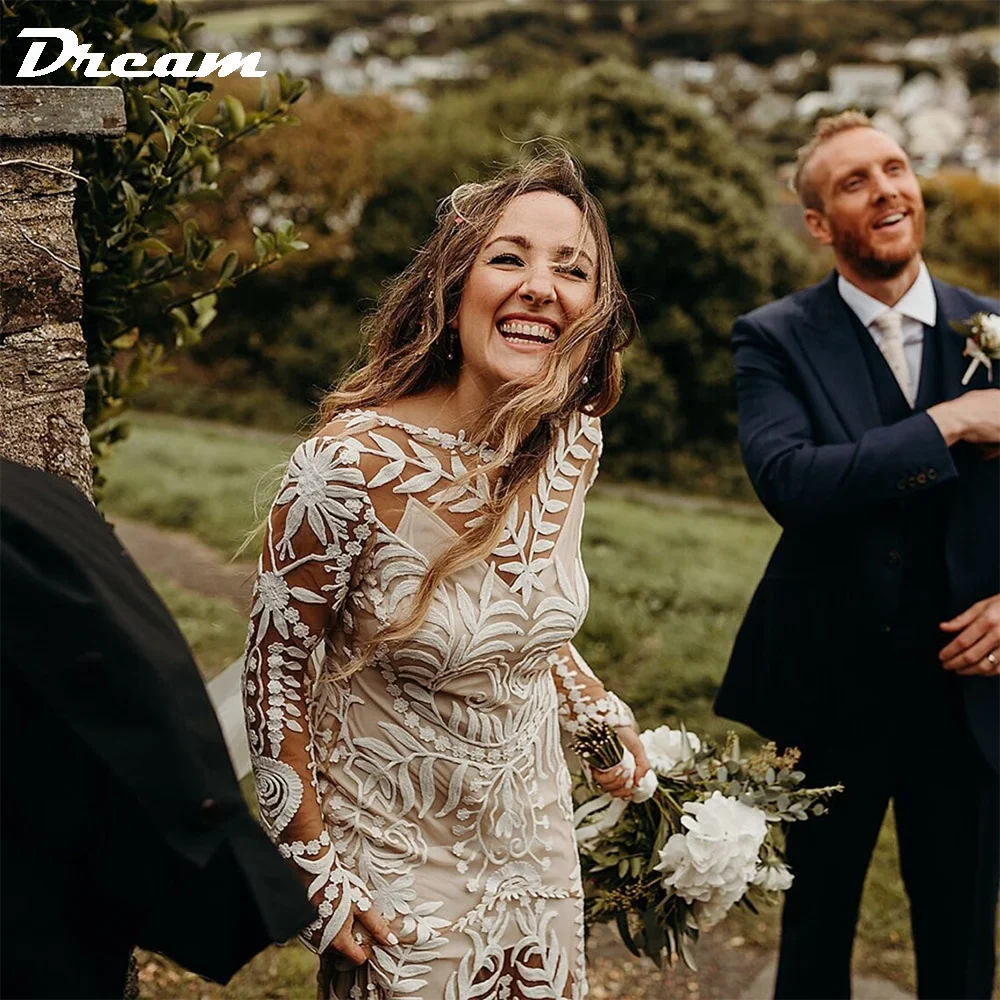 2025 Boho Lace Mermaid Wedding Dress with Long Sleeves Elegant Illusion Bridal Gown for Elopement or Beach Weddings