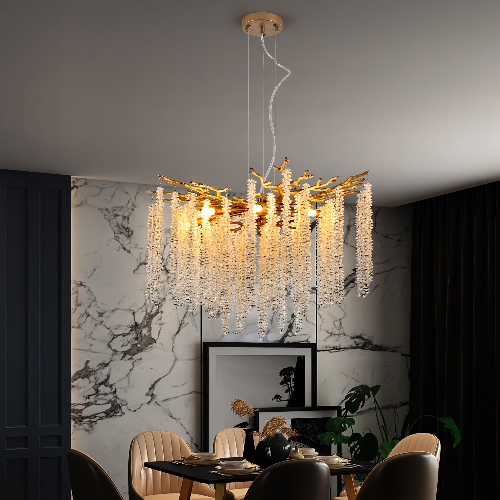 23.6-inch Modern Golden Pendant Light with Cascading Crystal Strands Ideal for Living Room Dining Room and Foyer