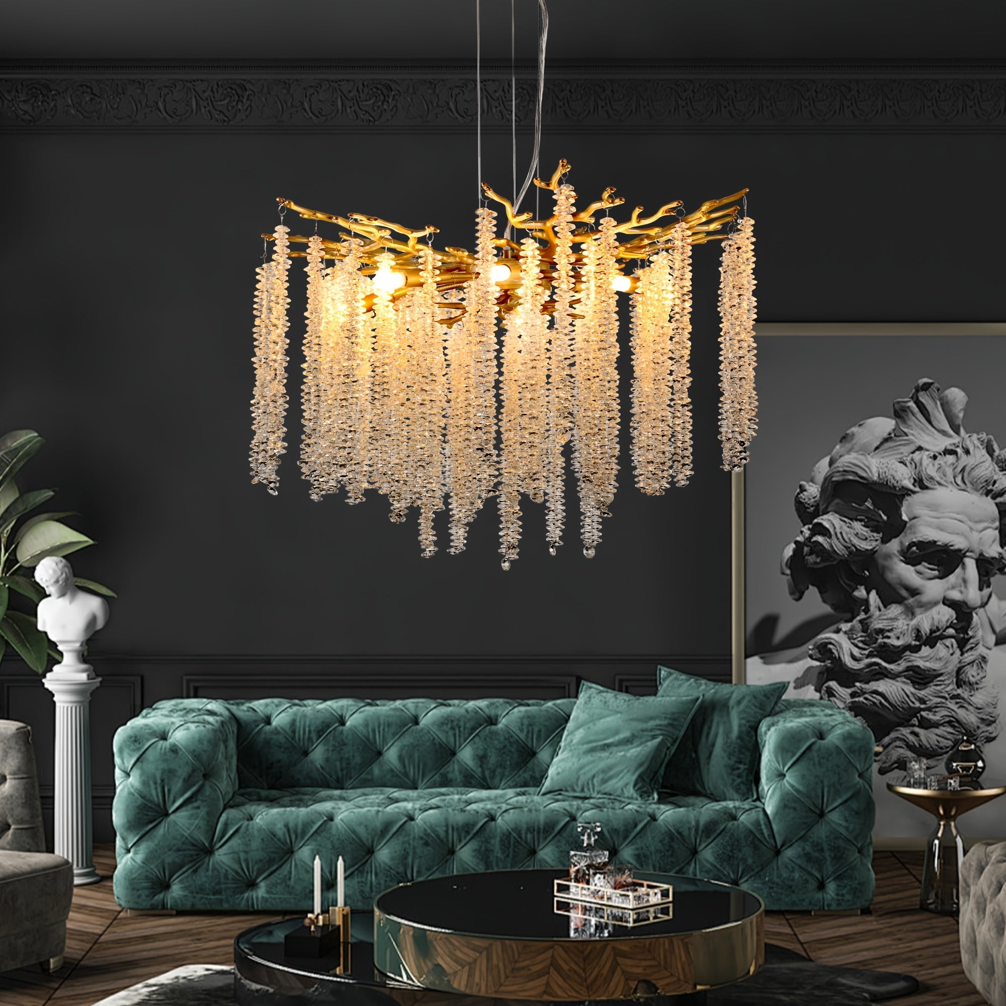 23.6-inch Modern Golden Pendant Light with Cascading Crystal Strands Ideal for Living Room Dining Room and Foyer