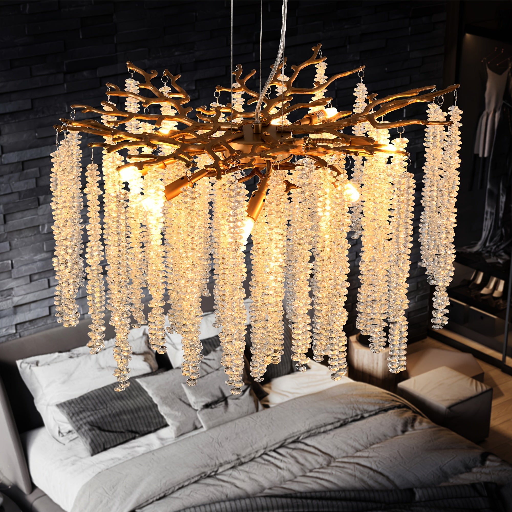 23.6-inch Modern Golden Pendant Light with Cascading Crystal Strands Ideal for Living Room Dining Room and Foyer