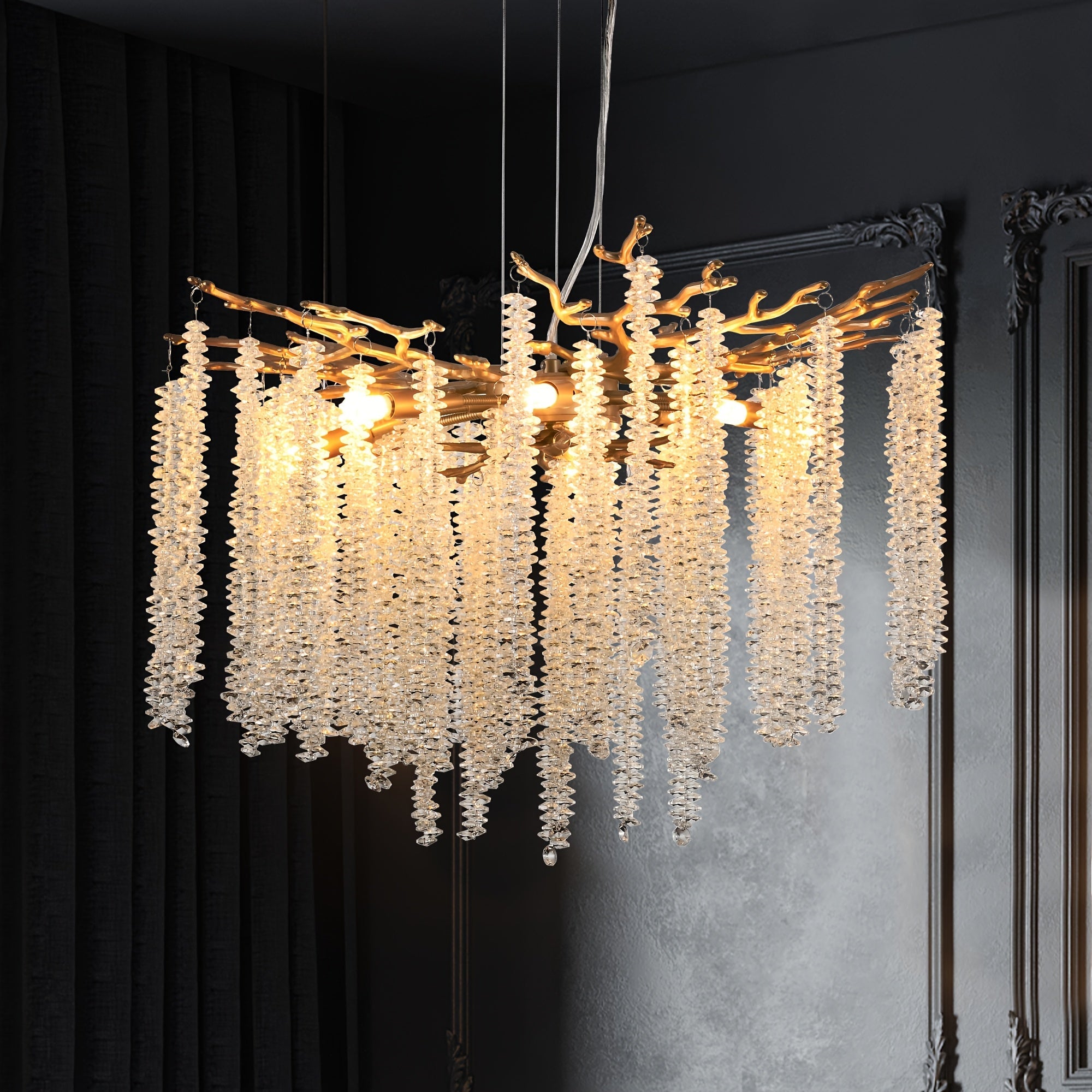 23.6-inch Modern Golden Pendant Light with Cascading Crystal Strands Ideal for Living Room Dining Room and Foyer