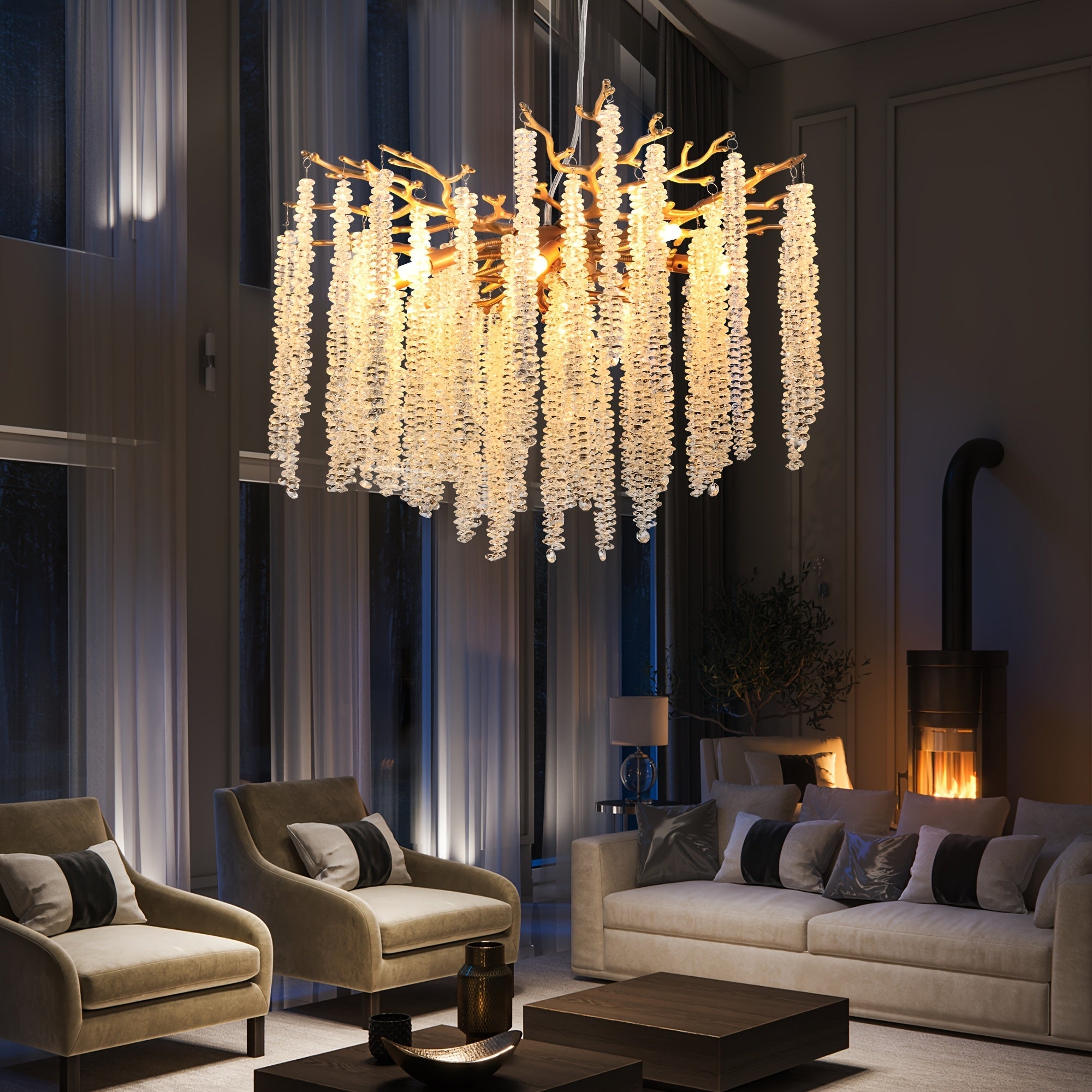 23.6-inch Modern Golden Pendant Light with Cascading Crystal Strands Ideal for Living Room Dining Room and Foyer