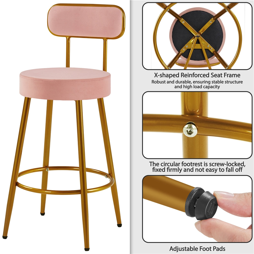 Set of 2 Velvet Bar Stools - 26'' Height with Backrest and Footrest, Modern Upholstered Counter Height Chairs for Kitchen, Dining, or Bar