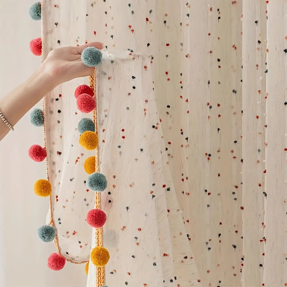 2PC Rainbow Striped Sheer Curtains with Colorful Pompom Trim - Faux Linen Semi-Sheer Light Filtering Panels for Living