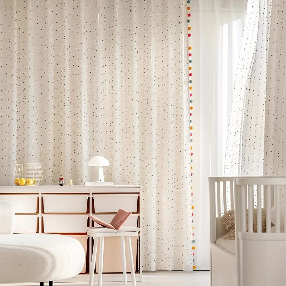 2PC Rainbow Striped Sheer Curtains with Colorful Pompom Trim - Faux Linen Semi-Sheer Light Filtering Panels for Living