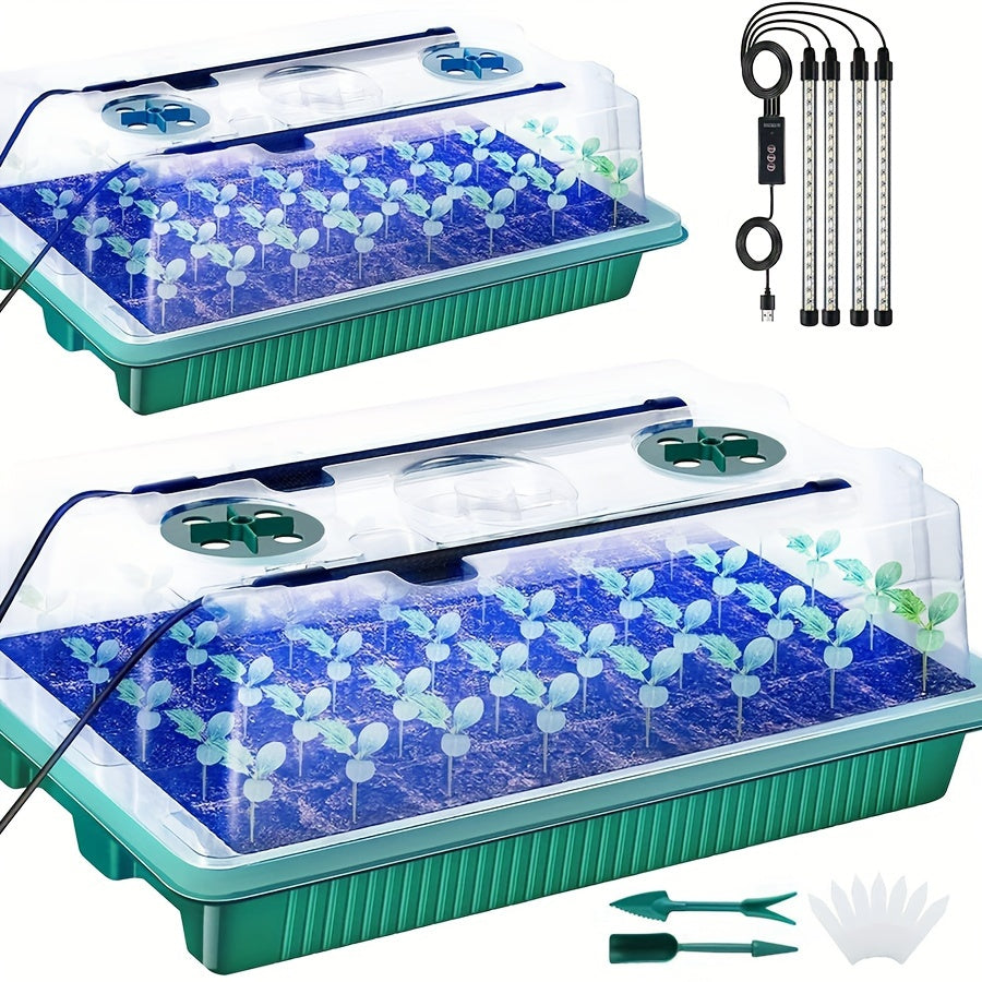 2pcs Upgraded Seedling Starter Kit with Full Spectrum 4-Bar LED Grow Lights 80-Well Tray Cycle Timer 5-Level Brightness