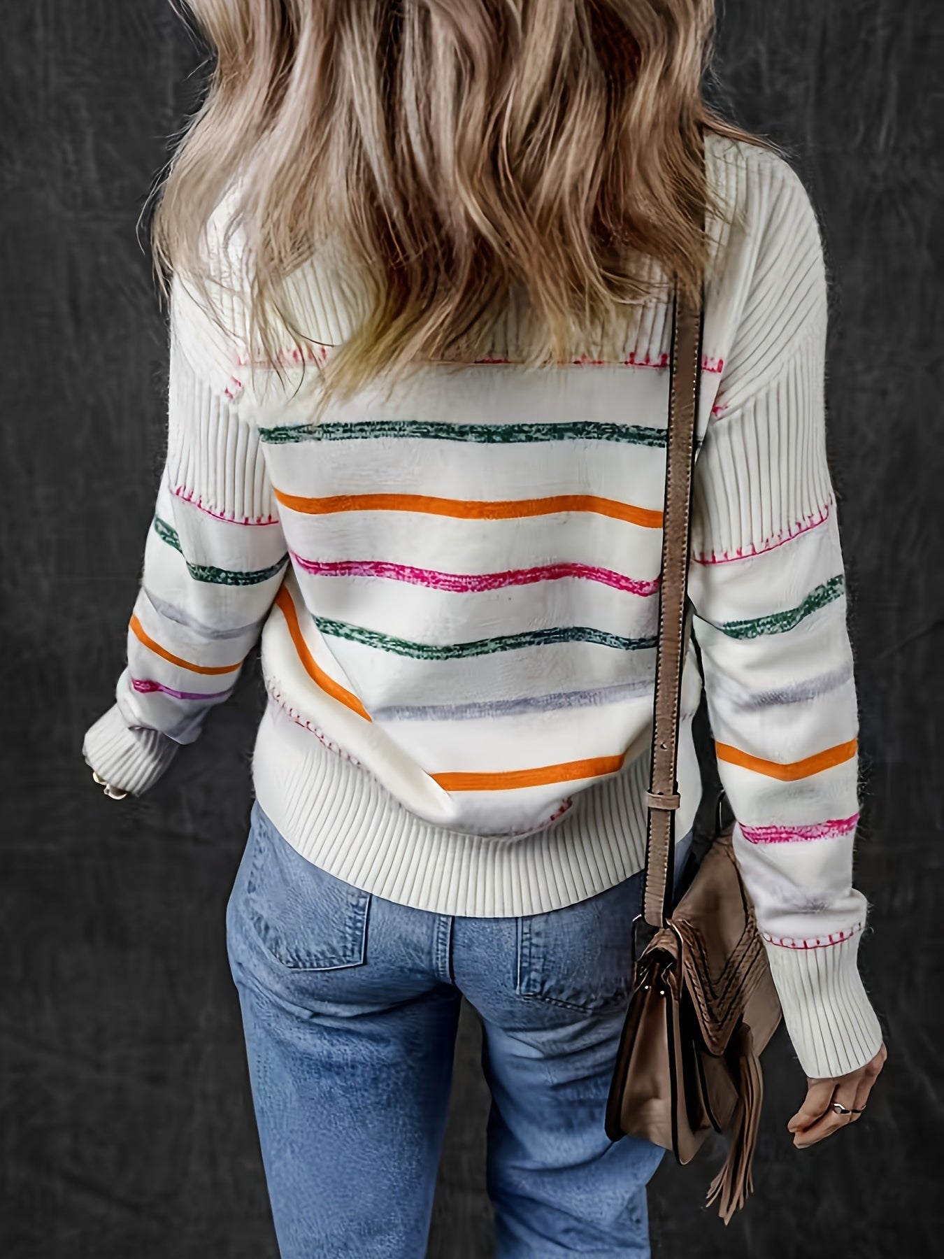 Colorful Striped Sweater with Ribbed Trim - Cozy Crew Neck Knit Pullover for Women