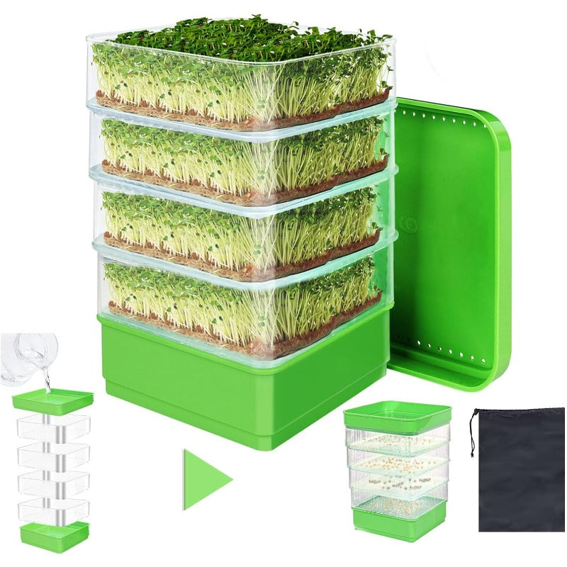 4-Tier Seed Sprouting Tray Set with Drain Holes – Stackable Microgreens Bean Seed Sprouter Kit for Wheatgrass Alfalfa