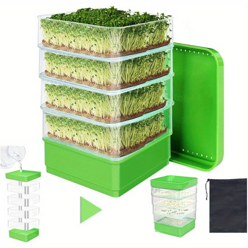 4-Tier Seed Sprouting Tray Set with Drain Holes – Stackable Microgreens Bean Seed Sprouter Kit for Wheatgrass Alfalfa