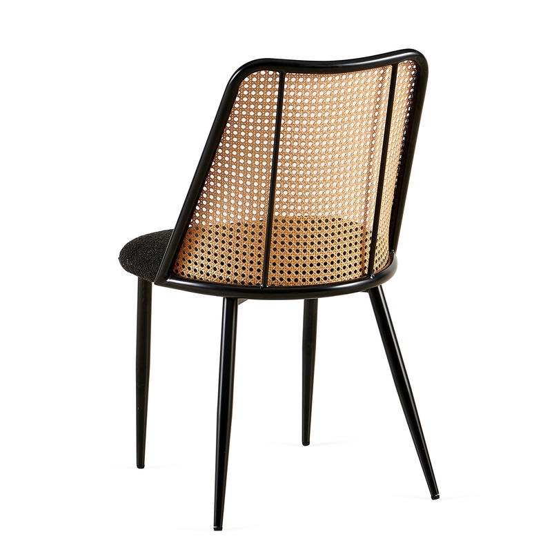 Set of 4 Black Rattan Dining Chairs - Boucle Upholstered Seats with Natural Cane Back, Modern Dining Room and Kitchen Chairs