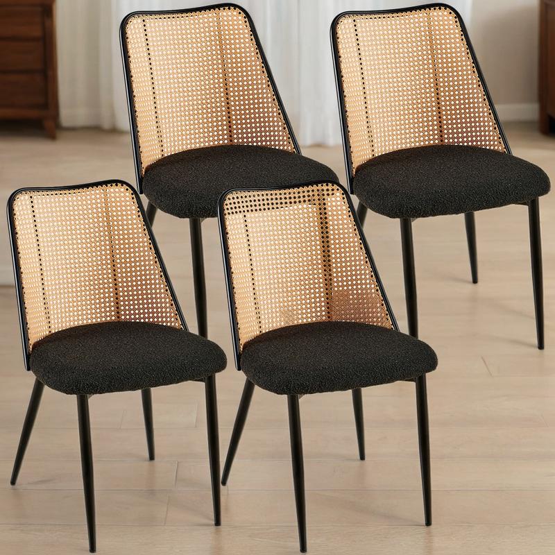 Set of 4 Black Rattan Dining Chairs - Boucle Upholstered Seats with Natural Cane Back, Modern Dining Room and Kitchen Chairs