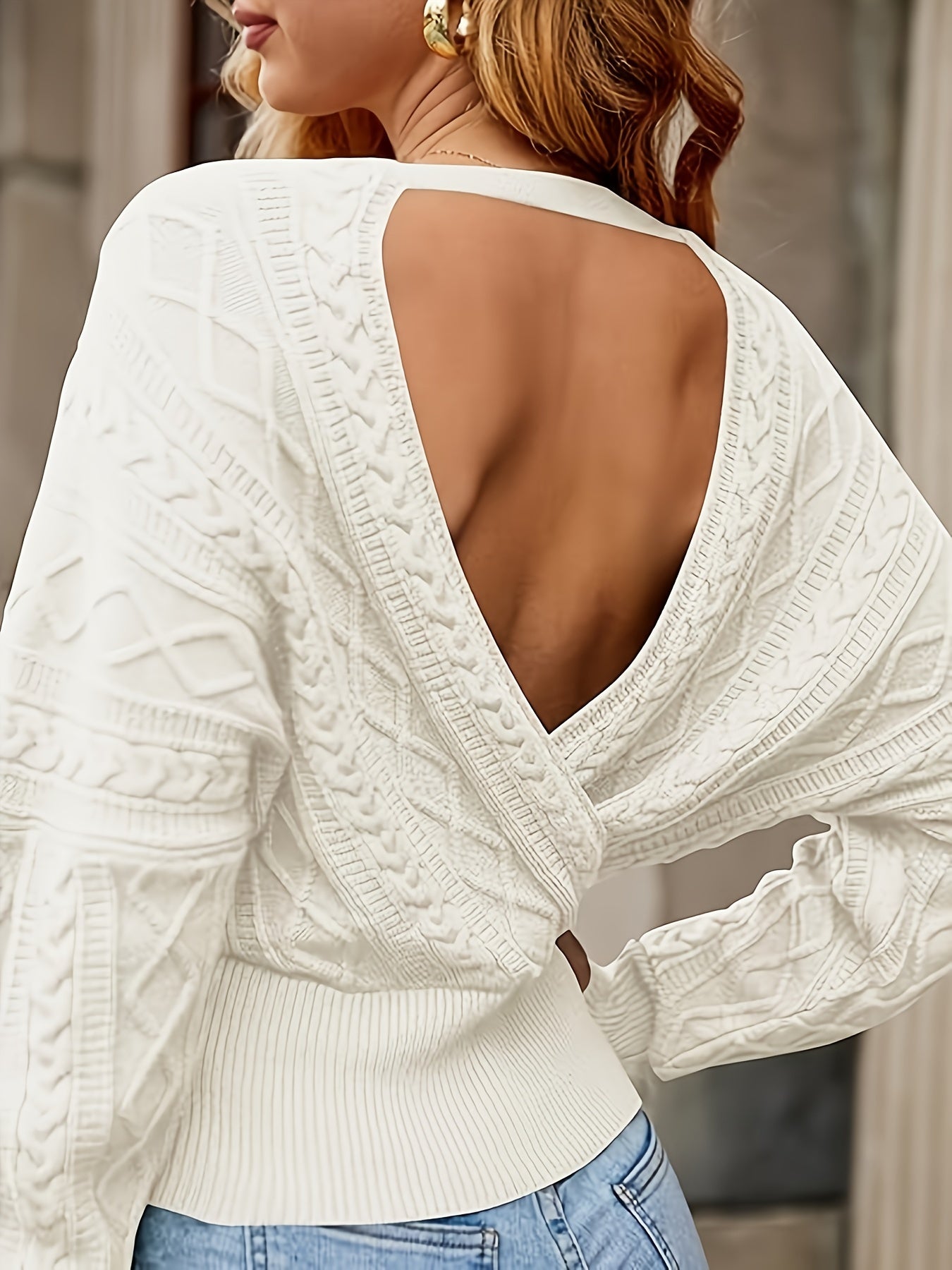 Women's V-Neck Cable Knit Sweater - Long-Sleeve Ribbed Backless Wrap Top - Solid Color Casual Pullover