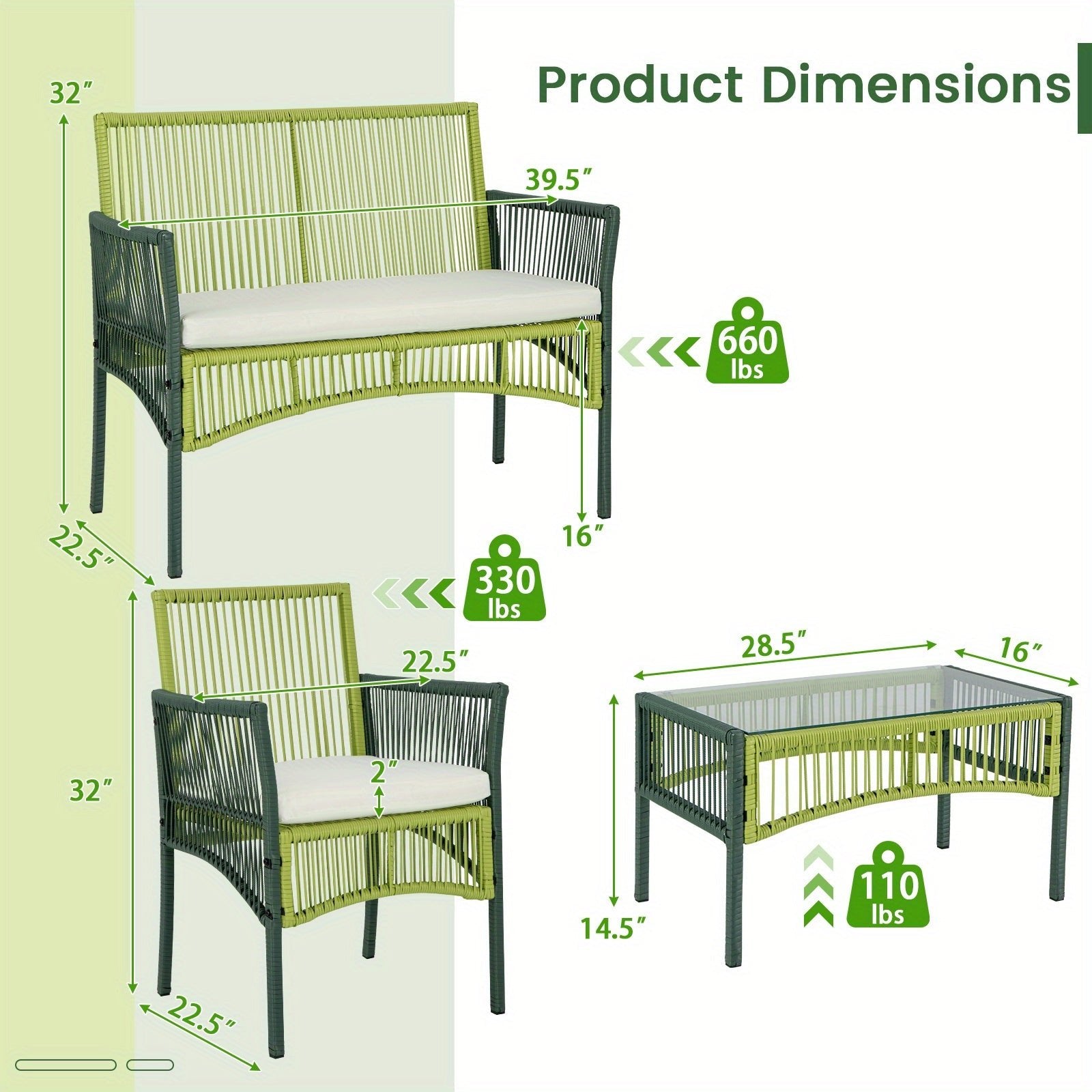 customized - 4PCS Patio Round Wicker Conversation Set W/Cushions Tempered Glass Side Table - Boho Eco Boutique™ - customized - Boho Eco Boutique™ - Green - 