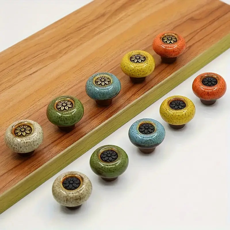 5-Pack Colorful Ceramic Cabinet Knobs: Leopard Print Glass Round Single Hole Pulls with Installation Hardware