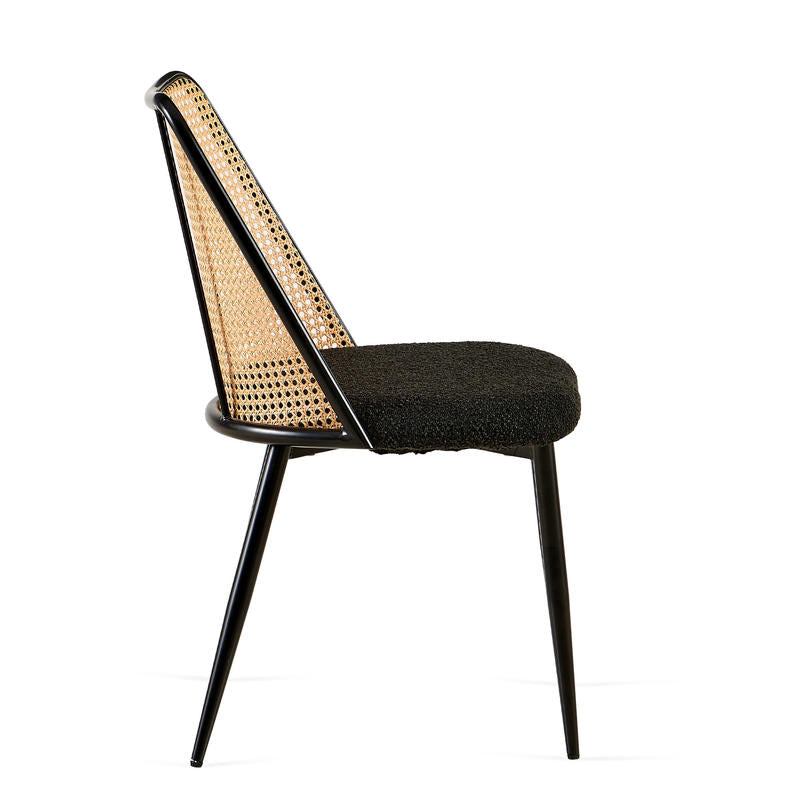 Set of 4 Black Rattan Dining Chairs - Boucle Upholstered Seats with Natural Cane Back, Modern Dining Room and Kitchen Chairs