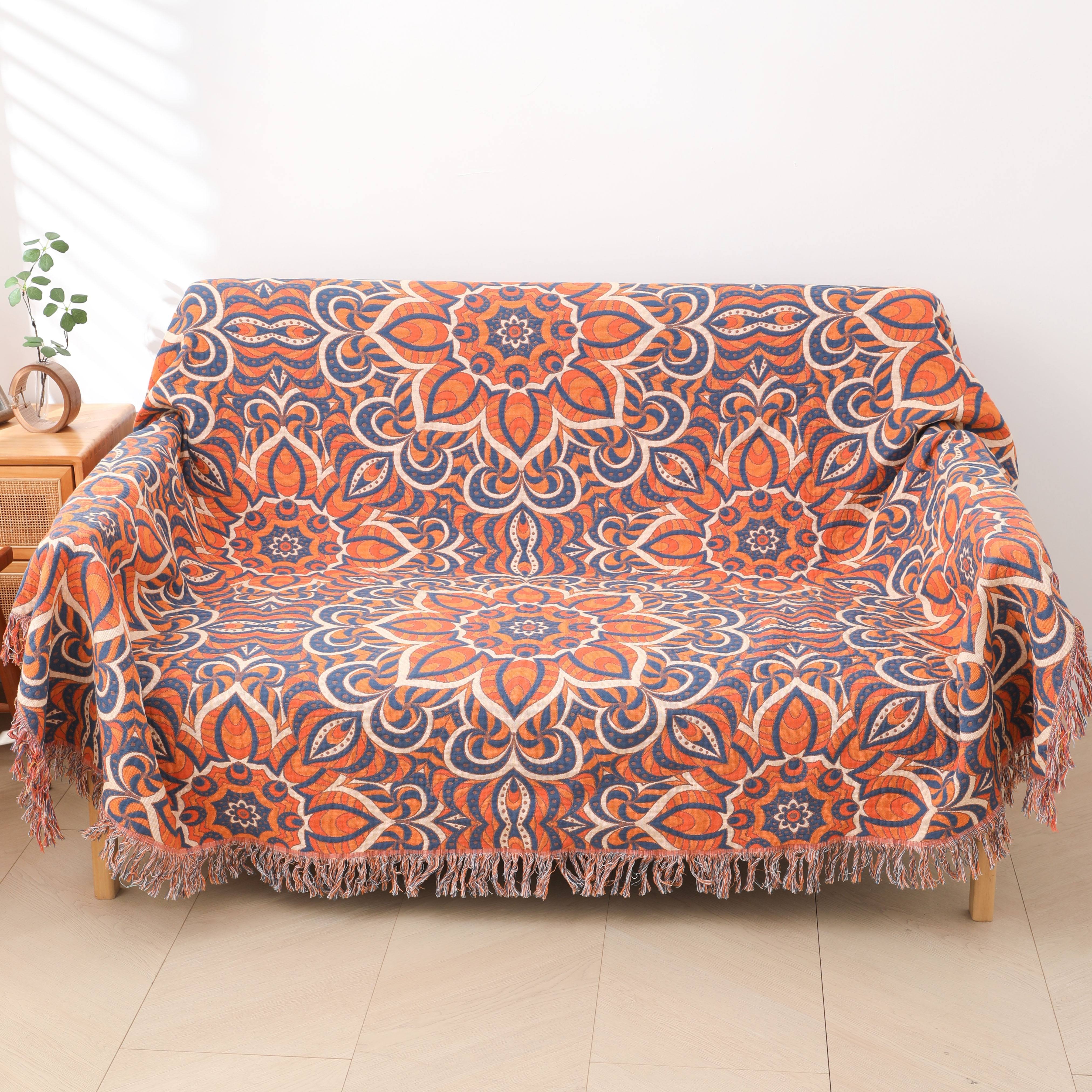 1pc Bohemian Style 4-Layer Gauze Tassel Blanket - 100%, Super Soft, Lightweight, Breathable, Geometric-Patterned, Bright Mixed Color, All-Season Sofa Throw or Bedspread