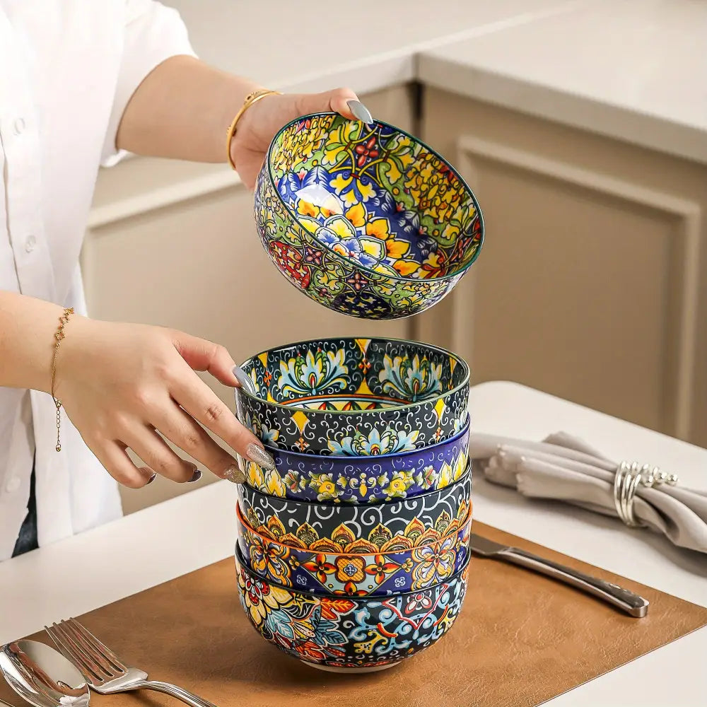6-Piece Large Bohemia Style Porcelain Cereal Bowls Set - Multicolor Double-Sided Pattern Perfect for Salad & Dessert