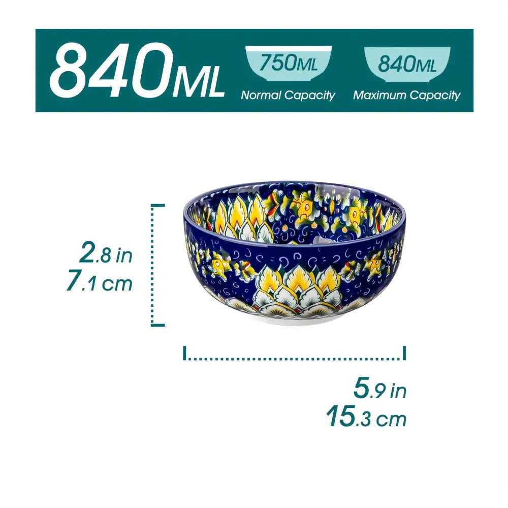 6-Piece Large Bohemia Style Porcelain Cereal Bowls Set - Multicolor Double-Sided Pattern Perfect for Salad & Dessert