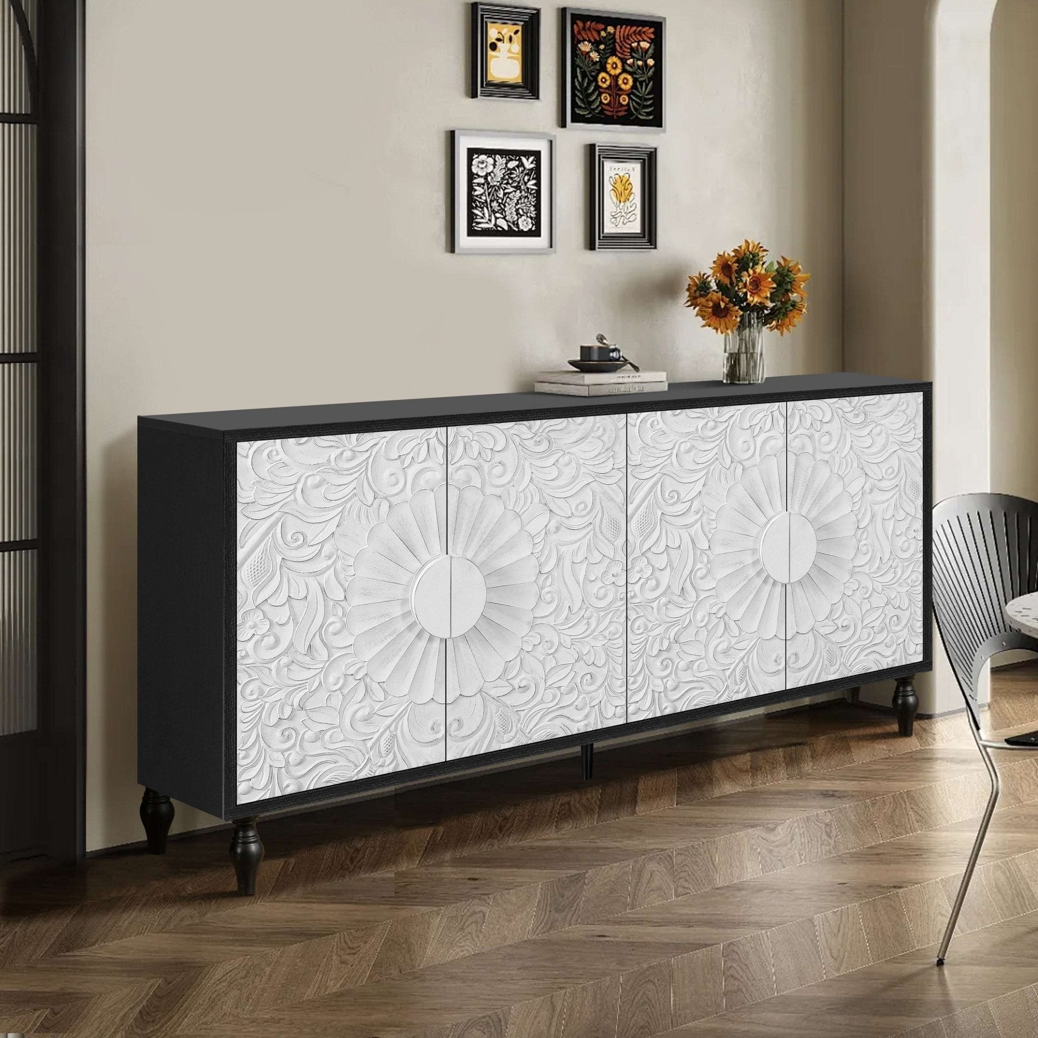 customized - 63 Inch White Carved Symmetrical Design Door And Wood Coloured Frame - Boho Eco Boutique™ - customized - Boho Eco Boutique™ - White + Black - 