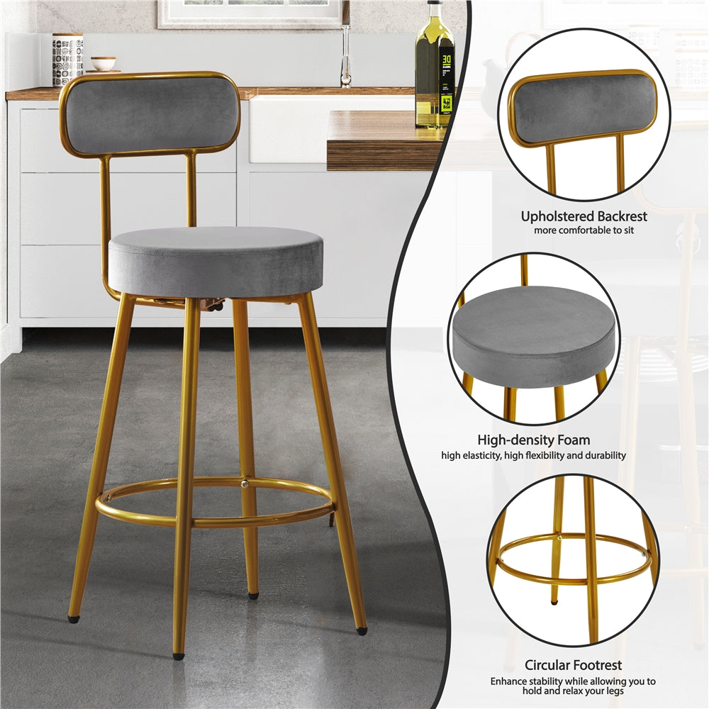 Set of 2 Velvet Bar Stools - 26'' Height with Backrest and Footrest, Modern Upholstered Counter Height Chairs for Kitchen, Dining, or Bar