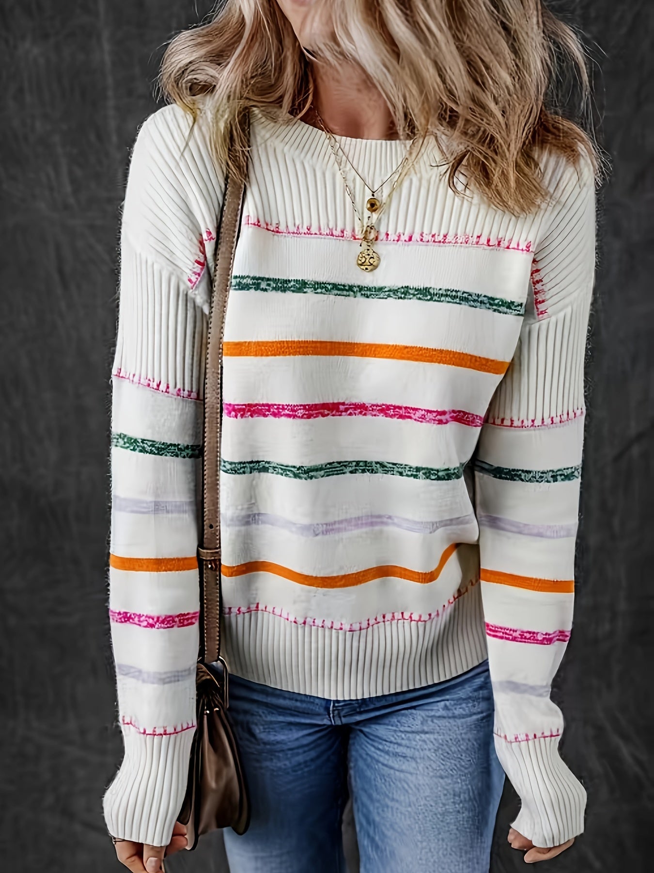 Colorful Striped Sweater with Ribbed Trim - Cozy Crew Neck Knit Pullover for Women