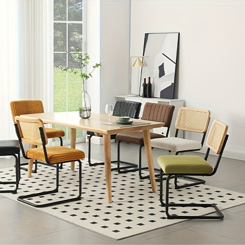 Set of 2 Dining Chairs - Yellow Upholstered Kitchen Chairs with Rattan Backrest, Wooden Basket Design & Black Metal Legs