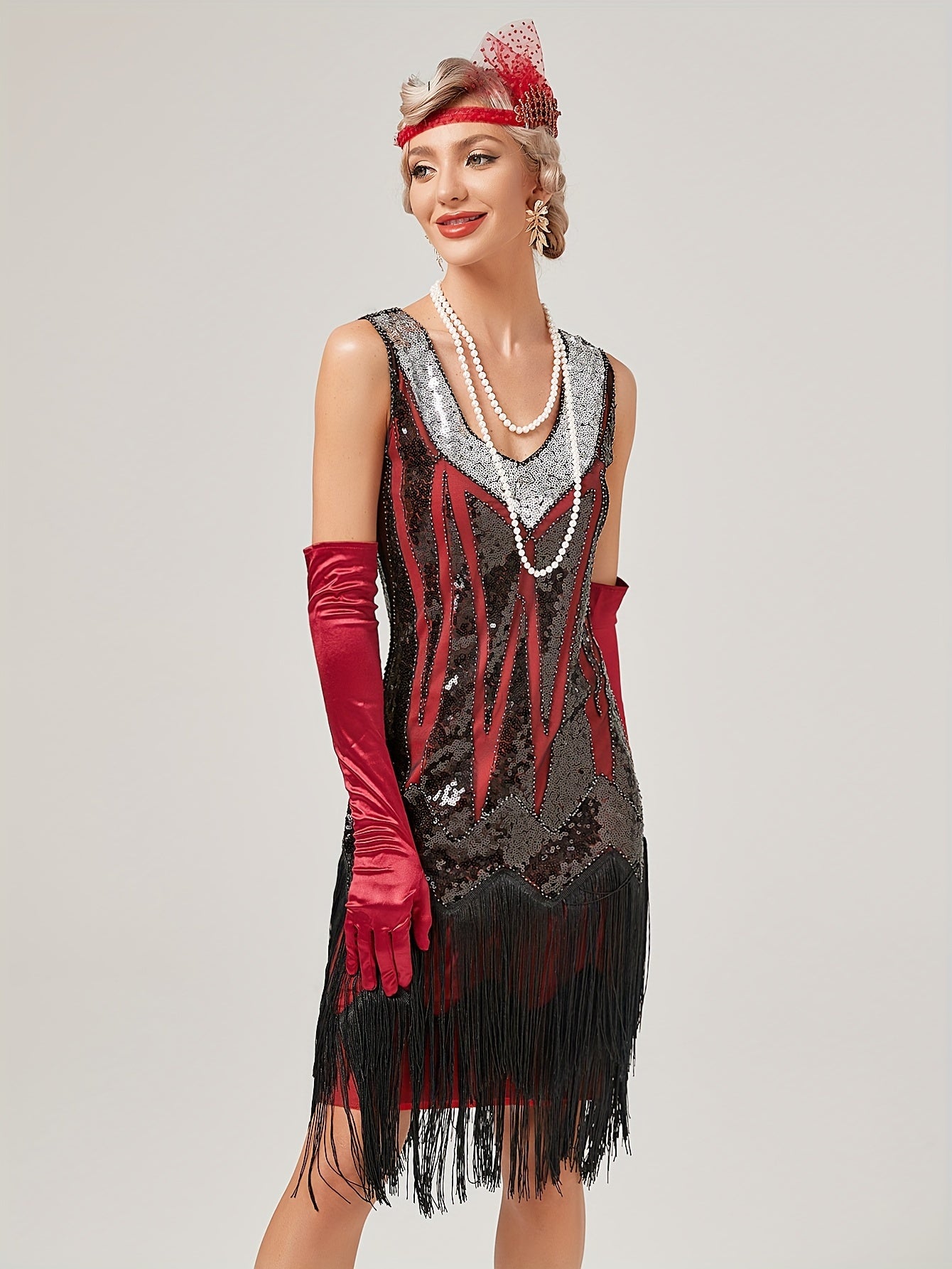 Vintage Glamour Evening Gown - Sequined V-Neck Formal Party Dress, All-Season Polyester Fabric Shimmy Dress