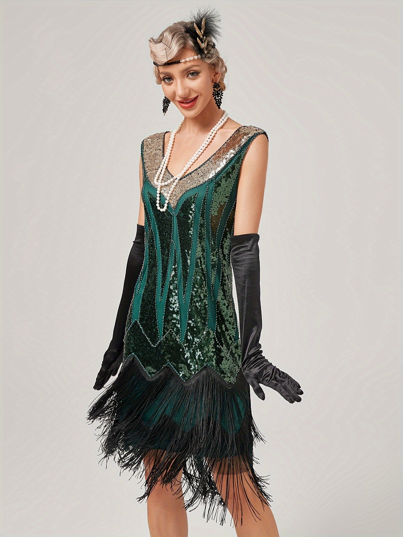 Vintage Glamour Evening Gown - Sequined V-Neck Formal Party Dress, All-Season Polyester Fabric Shimmy Dress