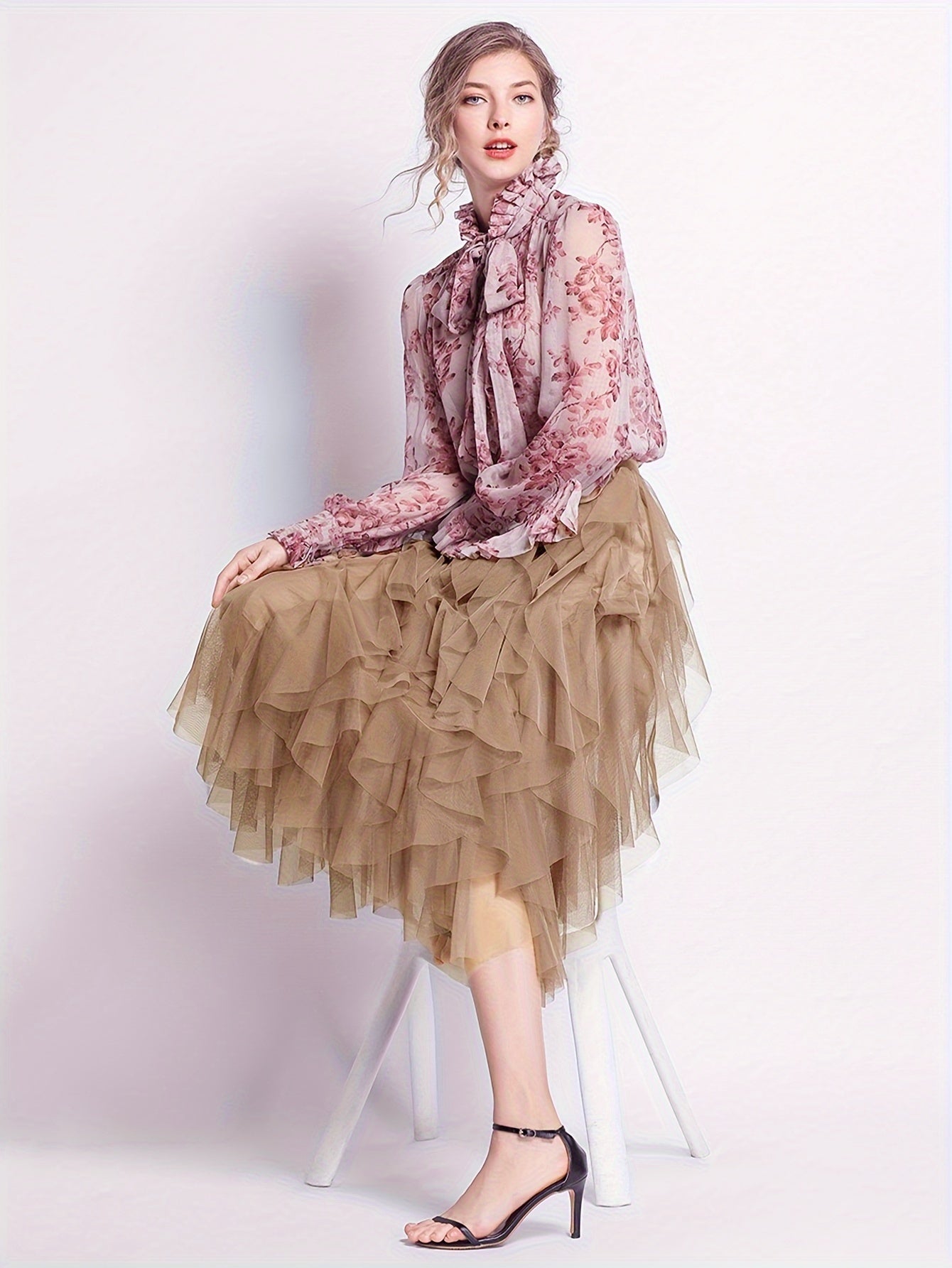 Women's Casual Elastic Waist Mesh Skirt - Solid Color Ruffle Decor with Asymmetric Hem