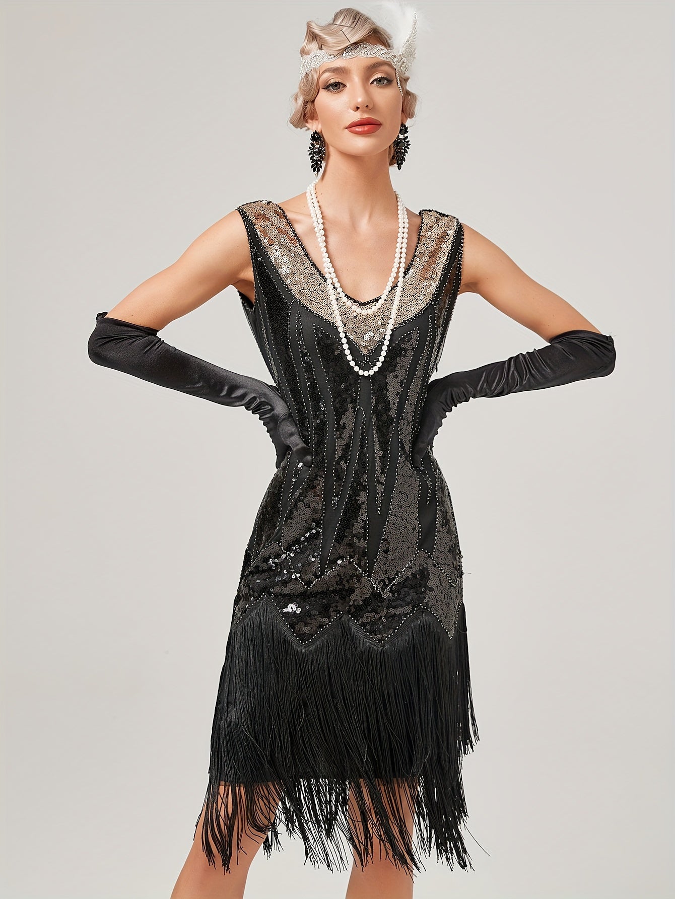 Vintage Glamour Evening Gown - Sequined V-Neck Formal Party Dress, All-Season Polyester Fabric Shimmy Dress