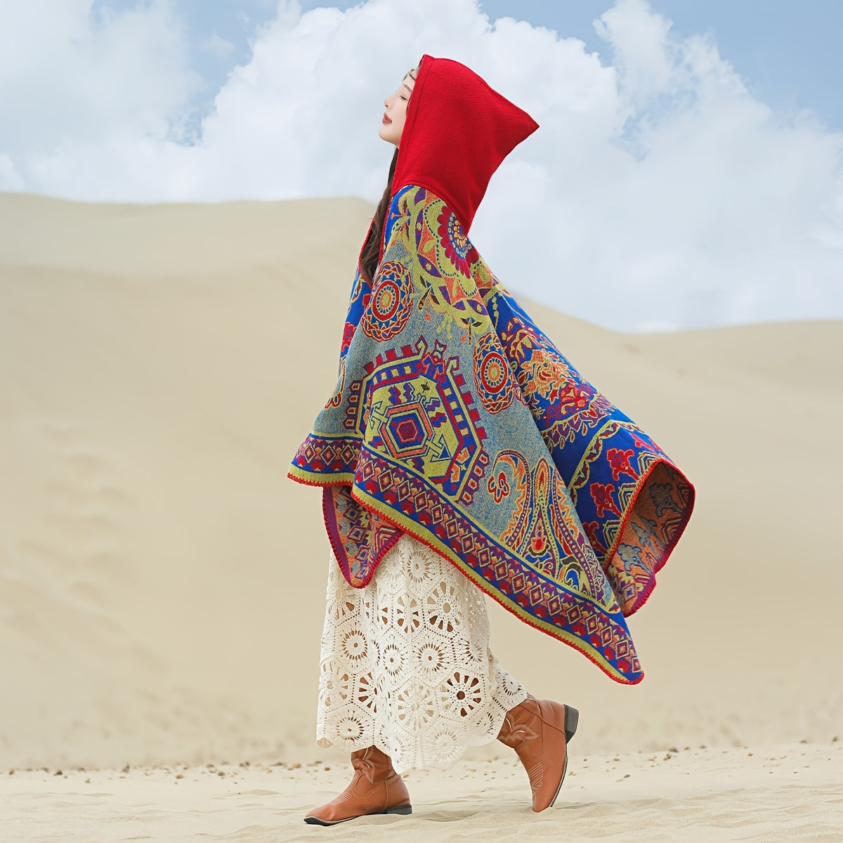 Bohemian Style Women's Shawl – Vintage Patterned Fashion Poncho with Hood