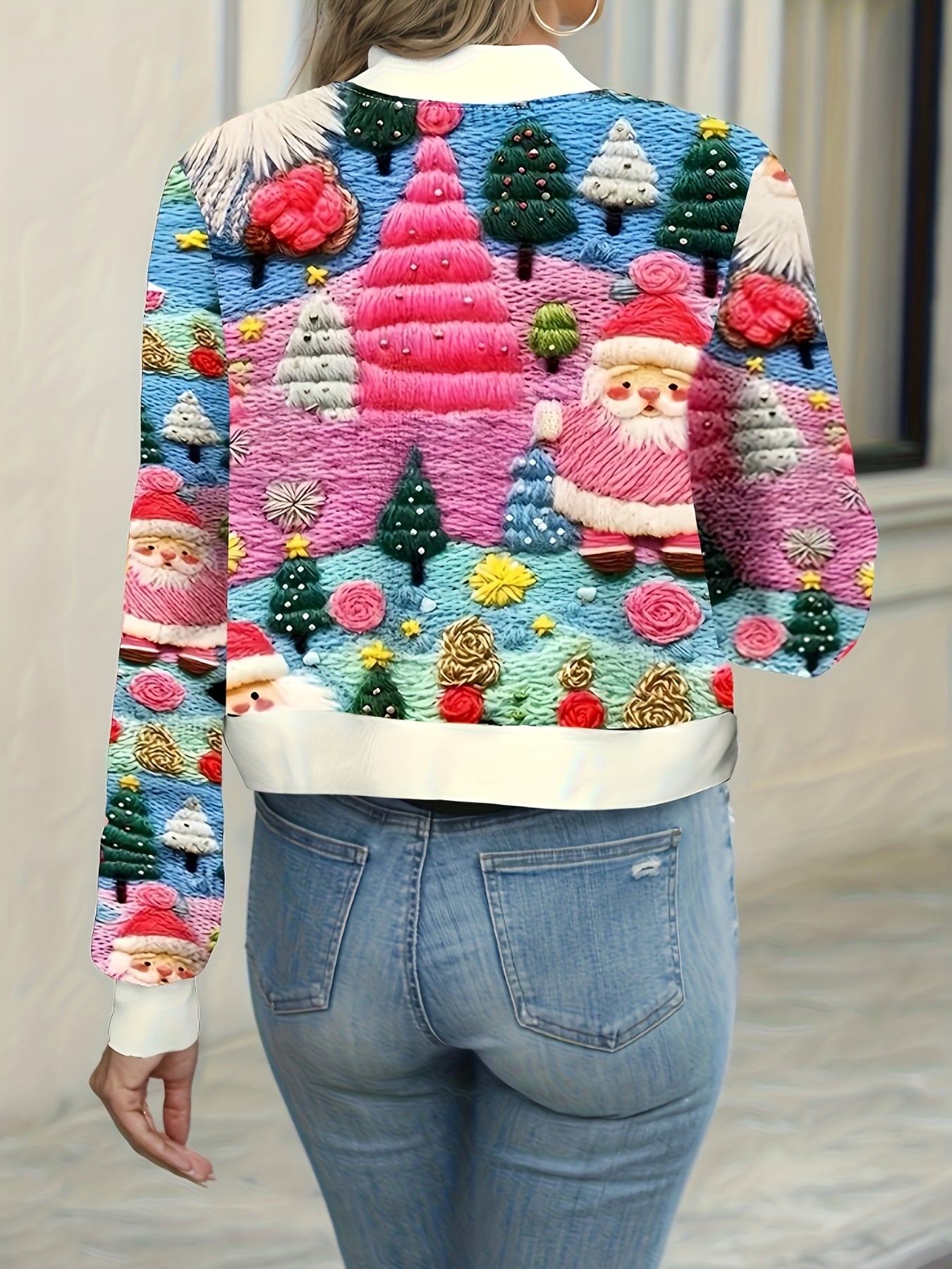 Women's Casual Christmas Print Long Sleeve Jacket - Zipper Closure, Round Neck Knit Bomber Jacket, All-Season Polyester Casual Style