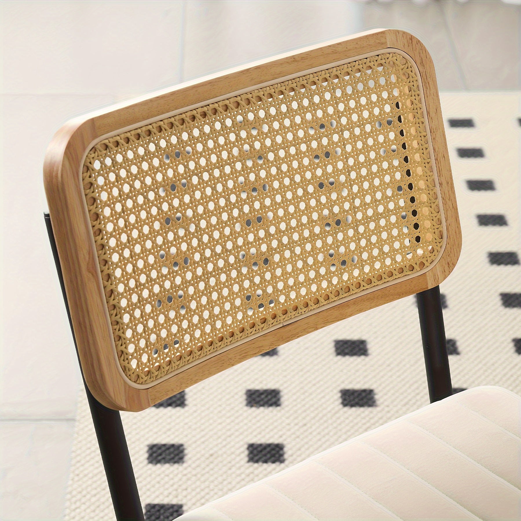 Set of 2 Dining Chairs - Yellow Upholstered Kitchen Chairs with Rattan Backrest, Wooden Basket Design & Black Metal Legs