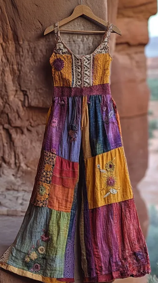 Bohemian eco-chic jumpsuit with wide legs and adjustable straps