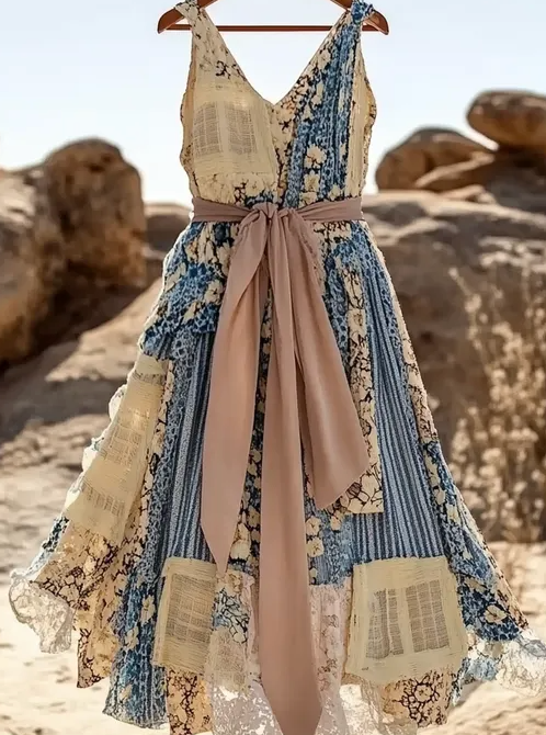 Boho chic vintage midi dress with floral patchwork and romantic lace accents