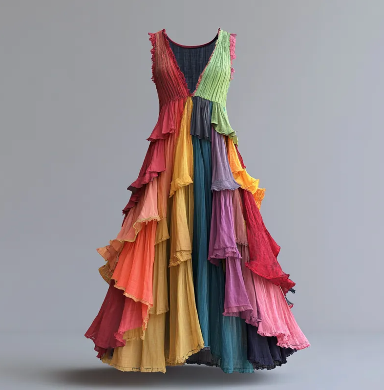 Boho embroidered sleeveless dress with vibrant patchwork colors and vintage design