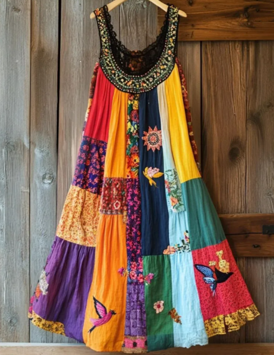 Boho floral embroidered patchwork dress in lightweight linen blend fabric