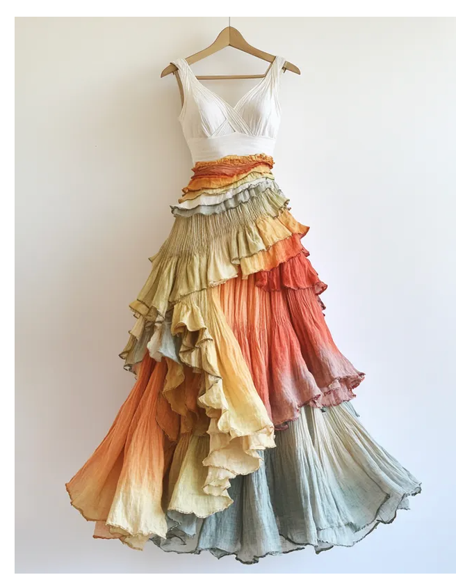 Boho two-piece set with white crop top and ombre ruffle maxi skirt in sunset colors