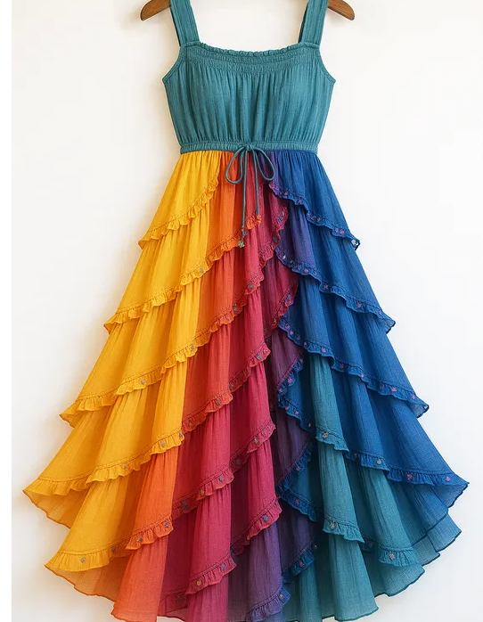 Colorful chiffon rainbow dress perfect for festivals, vacations, and summer events