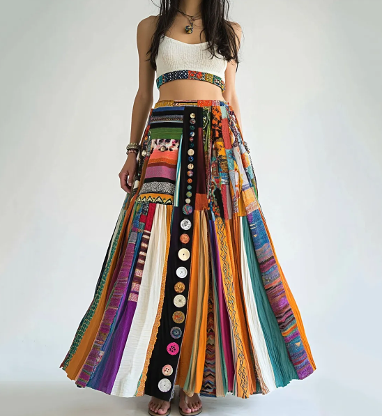 Colorful geometric boho linen skirt with artistic pattern and flowy A-line cut