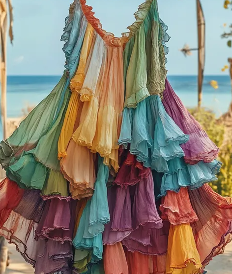 Colorful lace patchwork dress for women, casual boho summer style