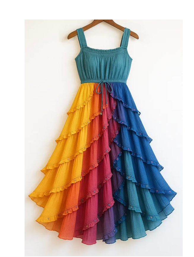 Contrast rainbow chiffon dress with tiered ruffles in boho summer style