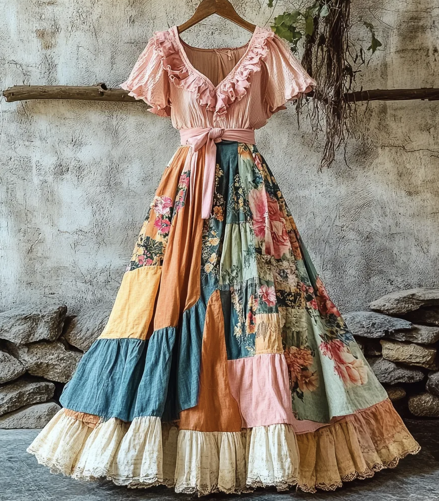 Elegant bohemian summer dress with floral print and tiered ruffle hem