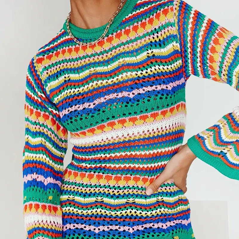 Bohemian Color Block Striped Knit Crochet Sweaters Dress Autumn Women’s Long Sleeve Crew Neck Mini Bodycon Dress